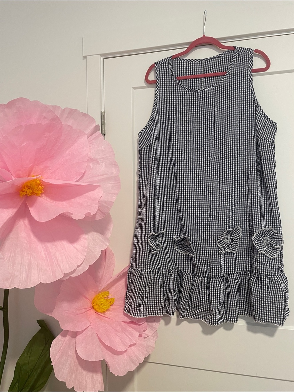 Navy Gingham Sleeveless Ruffle Hem Dress with Flower Accents. 
 Plus Size 3X New